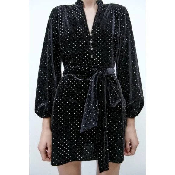 ZARA Black Velvet Shirt Dress With Tie-Waist and Tiny Gold Metal Grommets - Picture 1 of 11